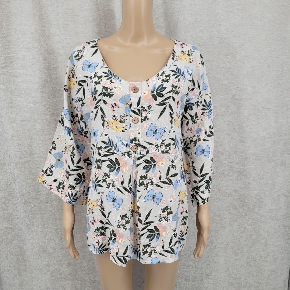 Laura Bianchi Italian Linen Floral Butterfly Blouse Top Women's Size Large